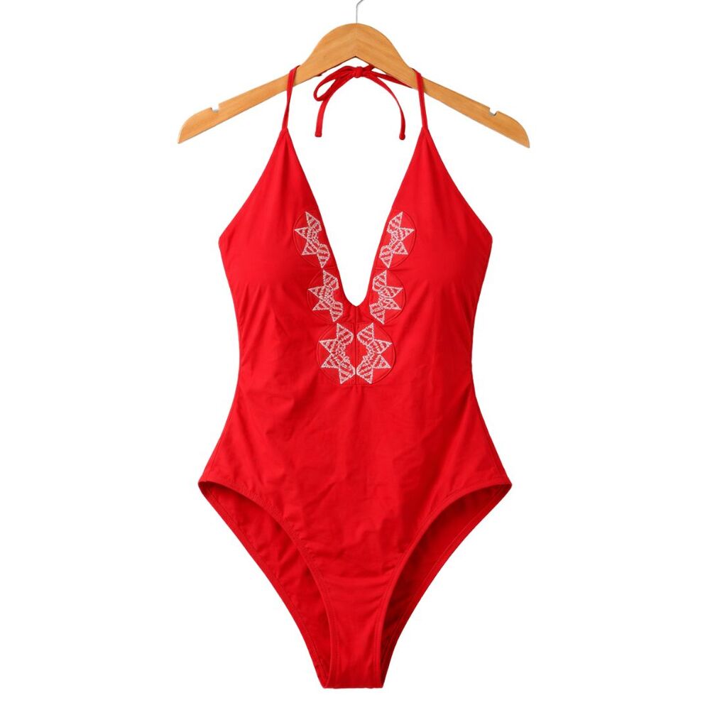NWT Cupshe Red Embroidered Plunge Halter One Piece Swimsuit Women's L